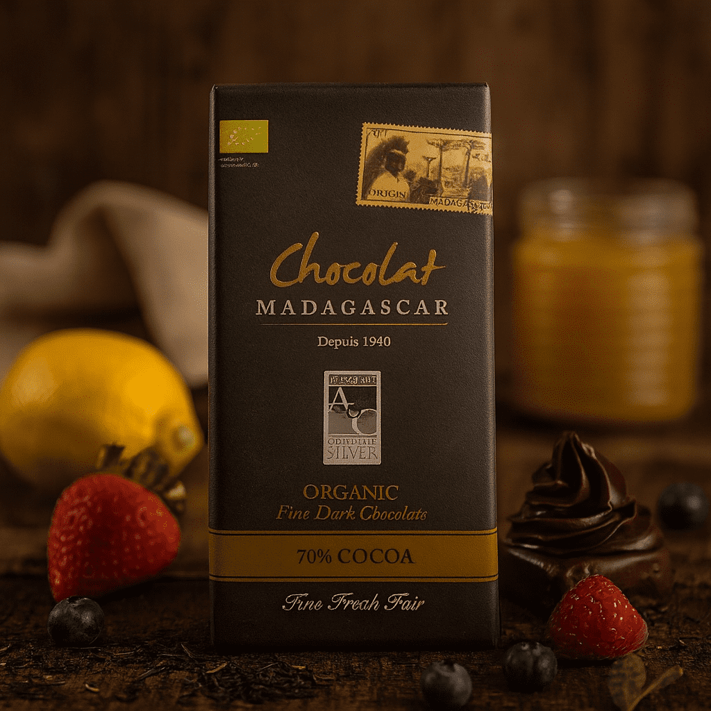 Organic Chocolat Madagascar 70% dark chocolate bar standing upright on a rustic wooden surface, surrounded by fresh lemon, strawberries, blueberries, raspberries and a swirl of chocolate ganache, in warm natural light.